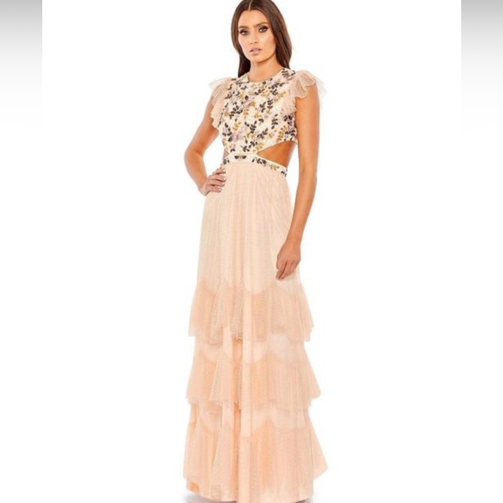 Mac Duggal Floral Embellished Peach Maxi Dress